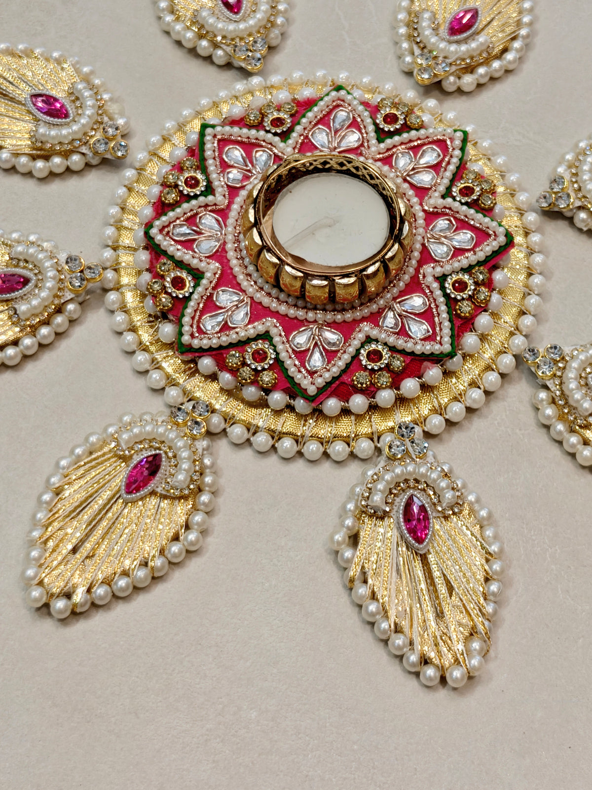 Golden Peacock Feather Kundan Rangoli with Tealight Holder