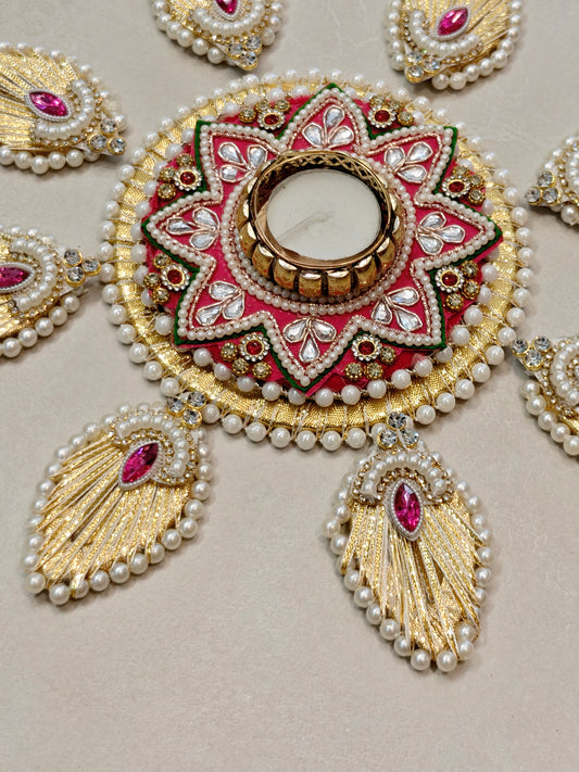 Golden Peacock Feather Kundan Rangoli with Tealight Holder