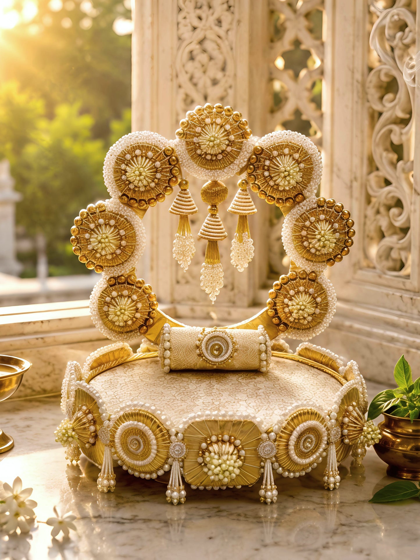 Pearl & Gold Beaded Singhaasan for Thakur Ji | Handcrafted Round Base with Detachable Backdrop (12 Inch)