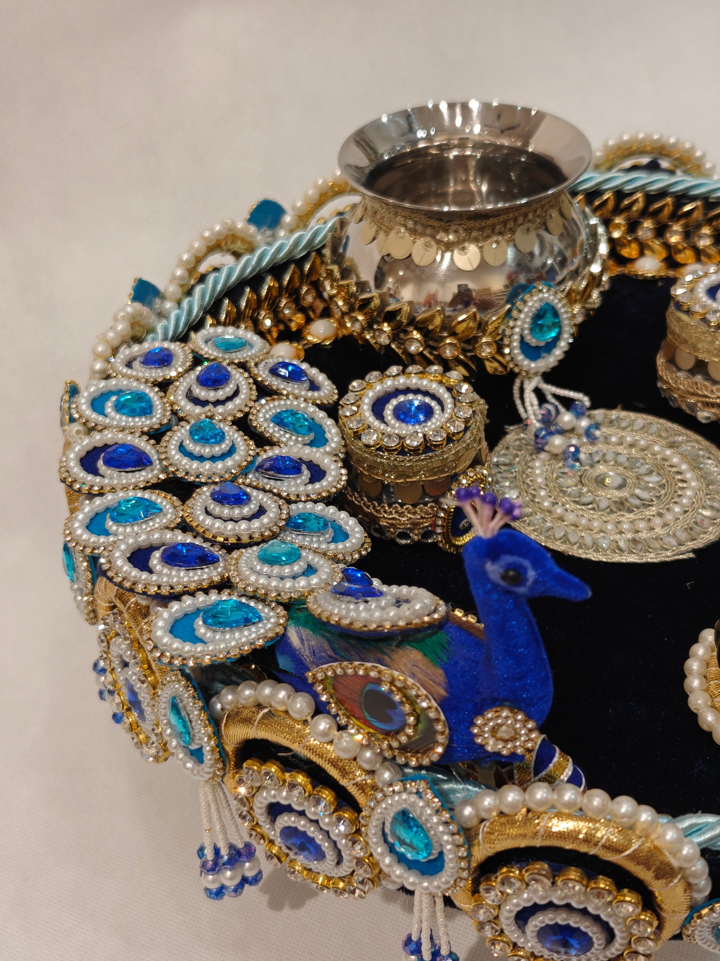 Handcrafted Peacock Pooja Thali Set | Royal Blue & Gold Wedding Puja Thali with Kalash, Diyas & Beadwork | Bridal Ceremony Thali | The Wedding Station