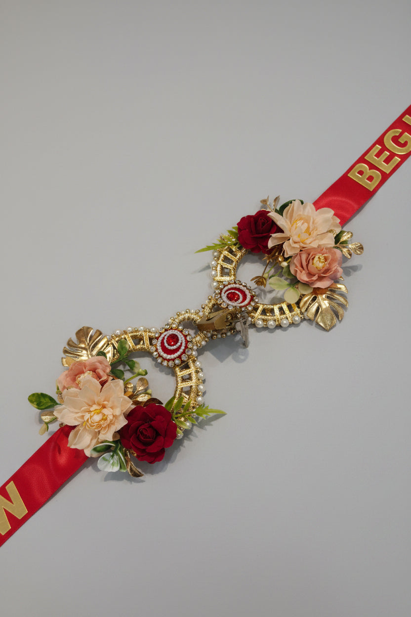 Handcrafted Floral Welcome Lock Ribbon | Inauguration Lock for Shop Opening & Housewarming Ceremony | Red & Gold Ribbon with Artificial Flower Decorated Locks | Griha Pravesh & Grand Opening Décor