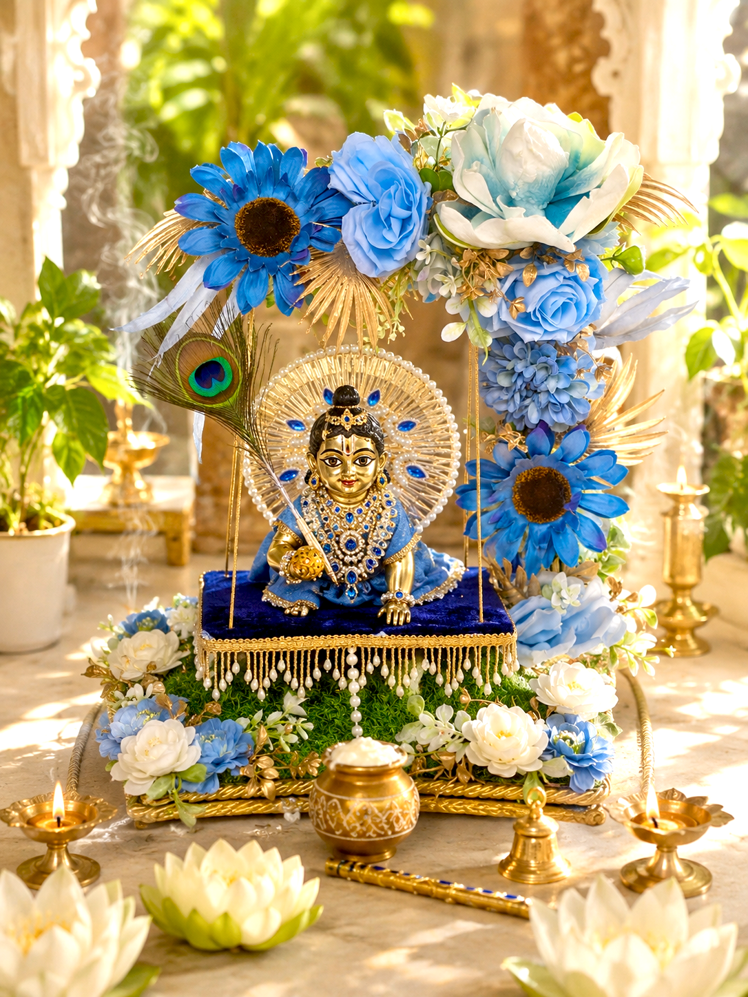 A decorative religious display featuring a seated gold-toned deity statue on a blue draped pedestal, surrounded by large blue and white flowers, green foliage, and brass oil lamps in a sunlit indoor setting.
