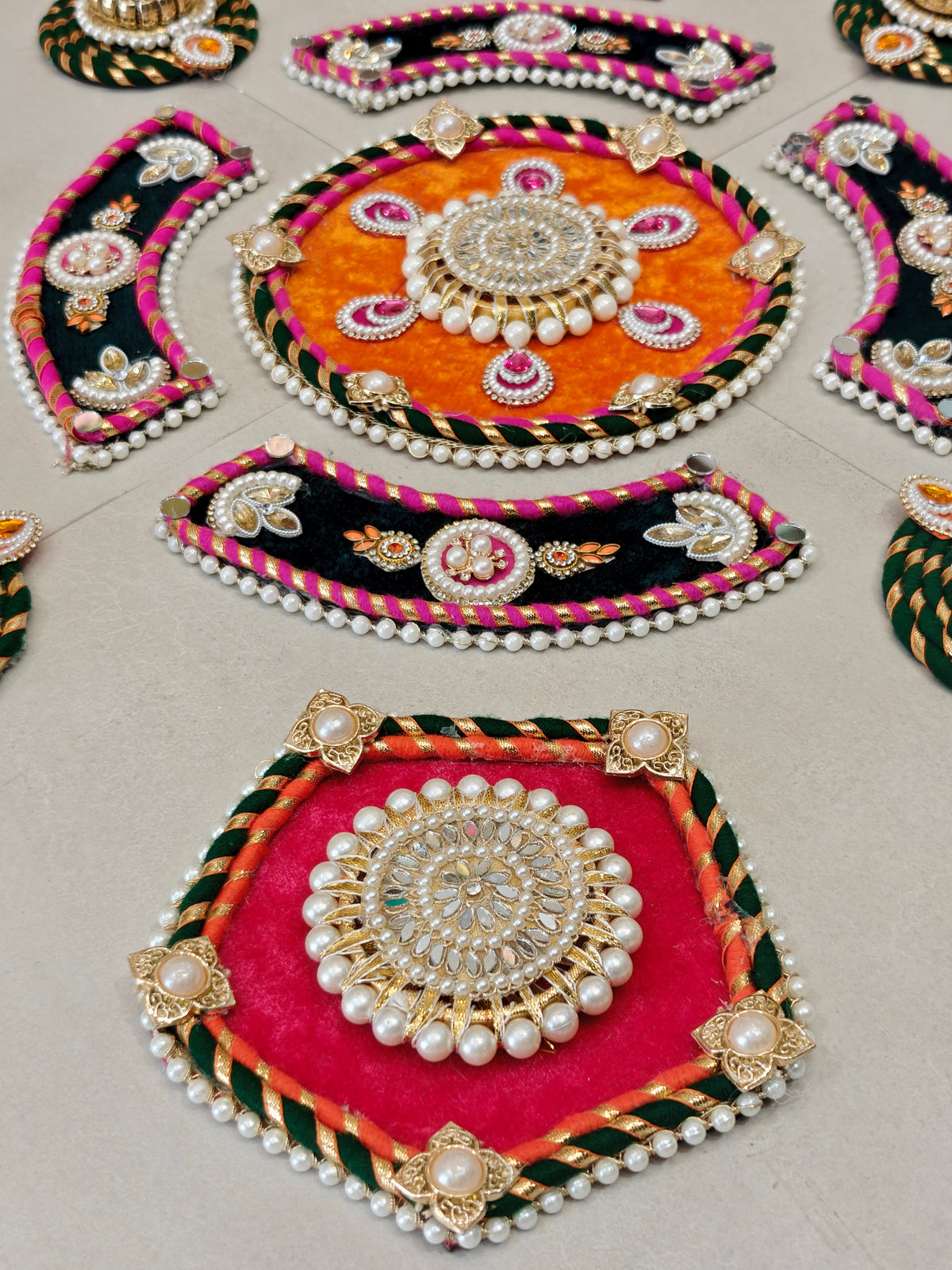 Orange & Green Kundan Sunburst Rangoli Set with Tealight Holders | The Wedding Station