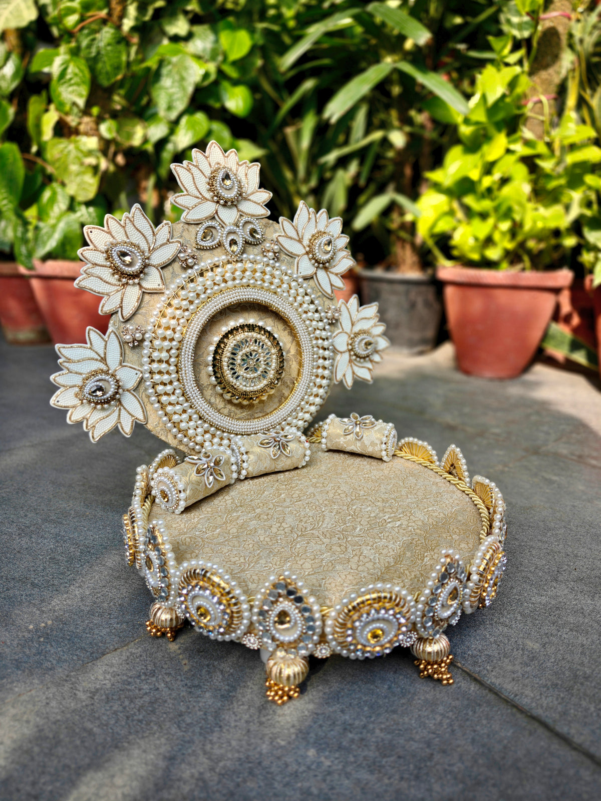 Ivory Lotus Garden Singhaasan for Ladoo Gopal | Handcrafted MDF Deity Throne with Detachable Backdrop | Ivory Gold