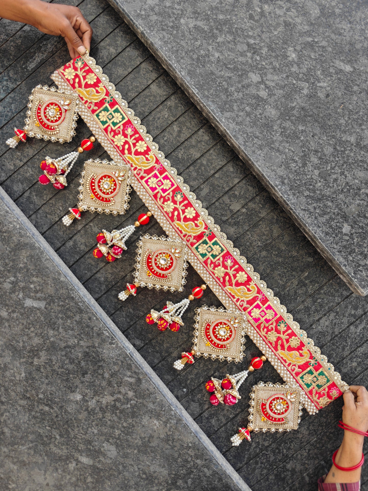 "Handcrafted 40 inch red gold wedding door toran with five kundan diamond pendants and pearl tassels"