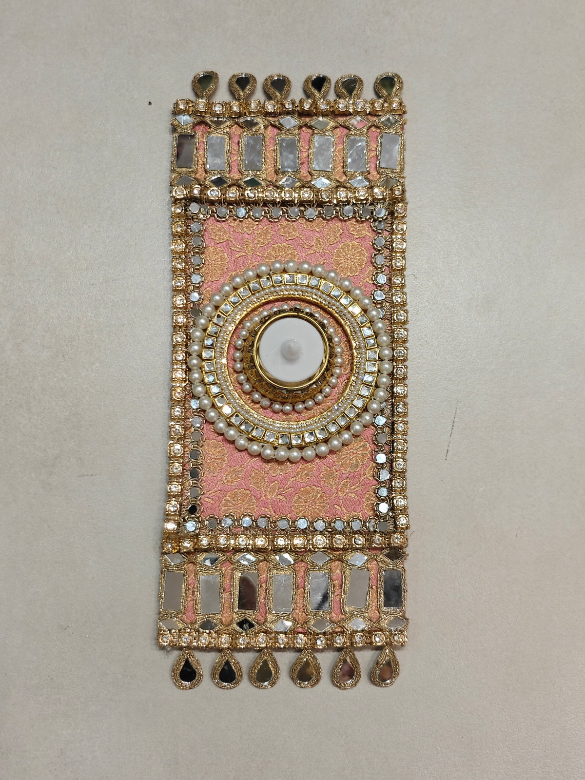 Peach Mirror Work Table Mat with Diya