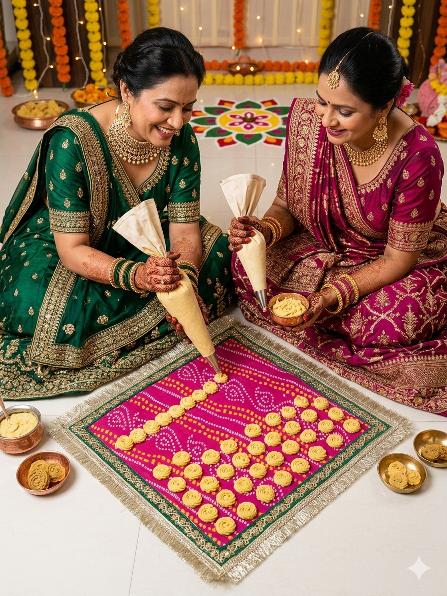 Two women in traditional Indian sarees piping moong dal wadi on a pink Bandhani mangodi mat during a North Indian wedding ritual ceremony