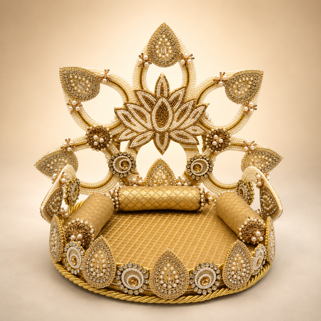 Full front view of handcrafted gold lotus Singhaasan for Ladoo Gopal — 12 inch MDF deity throne with detachable pearl lotus backdrop, gem medallion arch and teardrop border by The Wedding Station