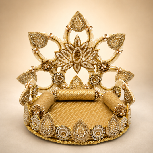 Full front view of handcrafted gold lotus Singhaasan for Ladoo Gopal — 12 inch MDF deity throne with detachable pearl lotus backdrop, gem medallion arch and teardrop border by The Wedding Station