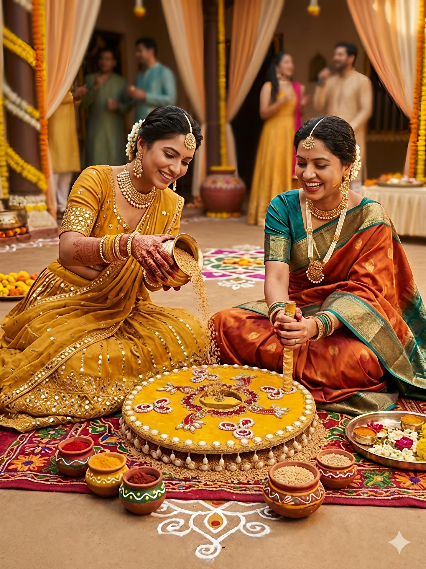 Decorated Chakki for Baan Ritual | Yellow Velvet MDF Grinding Wheel with Red Kundan & Pearl Embellishment | 12 Inch | Indian Pre-Wedding Ceremony