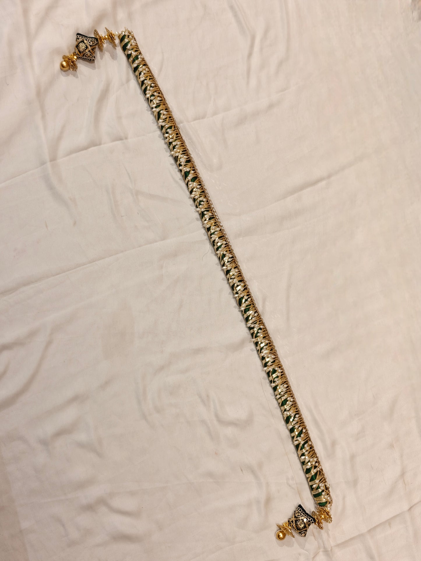 Handmade bottle green and gold sarkanda for Hindu wedding mandha ceremony, full length with kundan mirror work
