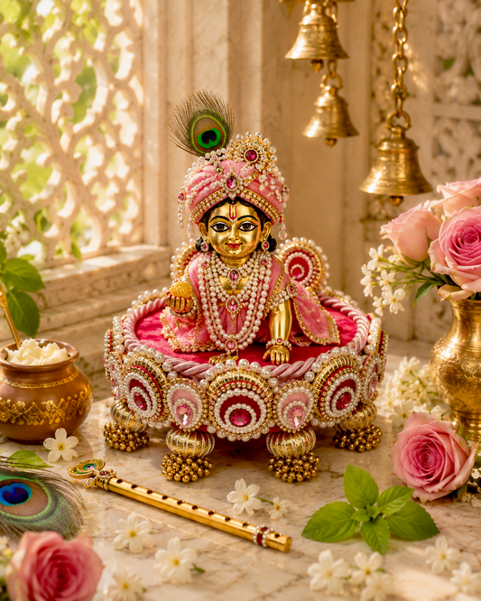 Pink Mini Singhaasan for Ladoo Gopal | Handcrafted MDF Deity Throne with Lotus Backdrop | Pink & Gold | 6 Inch Base