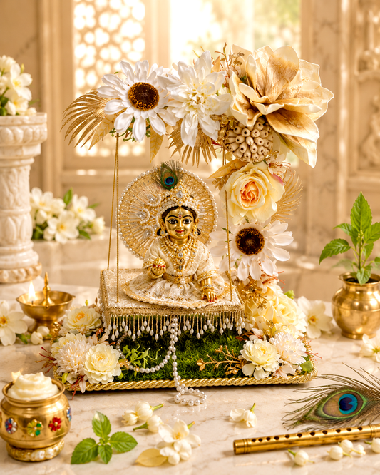White and gold floral arch jhula with Bal Gopal idol on artificial grass base