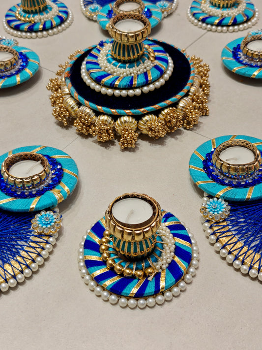 Turquoise & Royal Blue Thread Rangoli Set with Tealight Holders