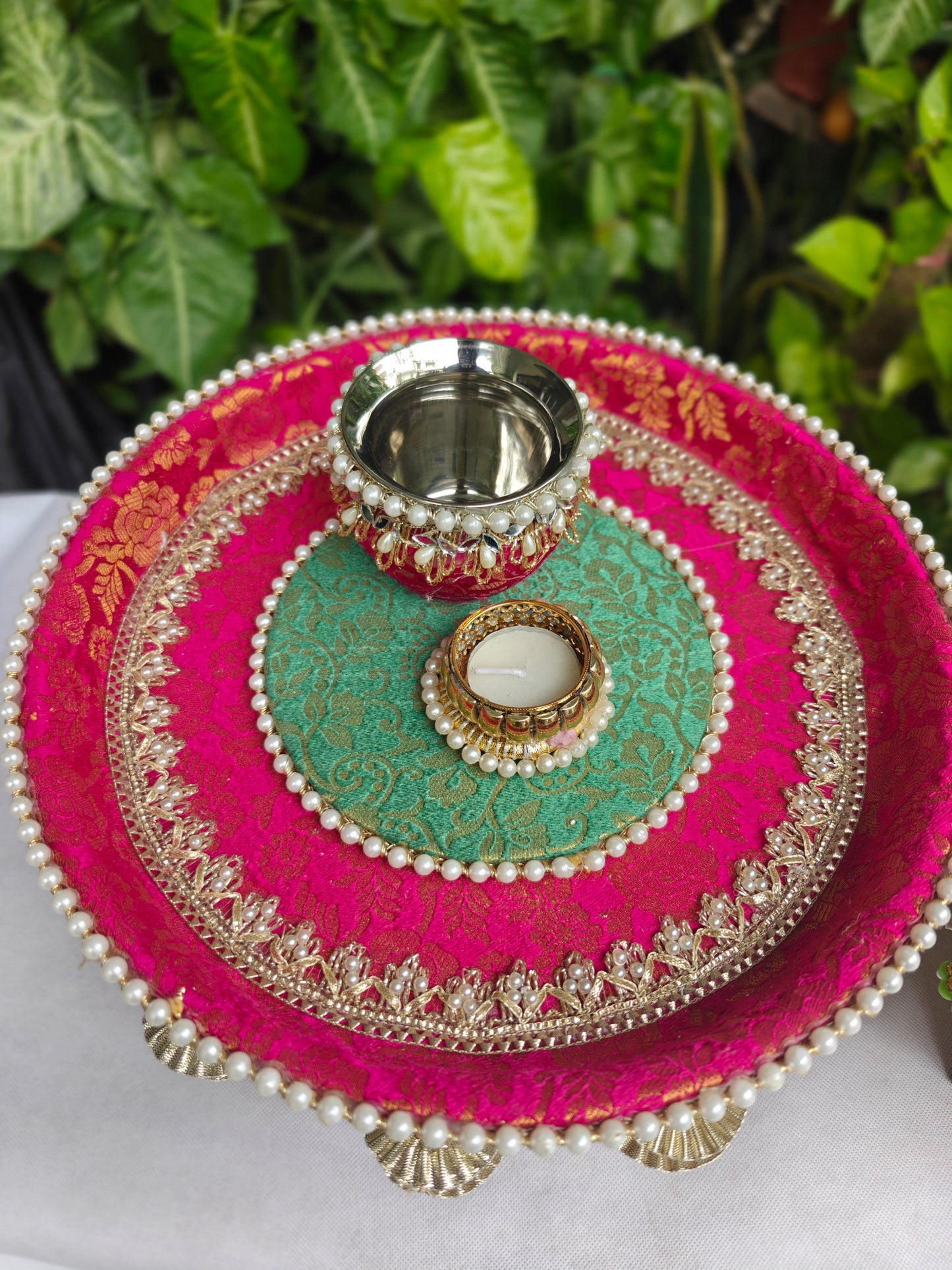Pink & Teal Karvachauth Thali Set | The Wedding Station