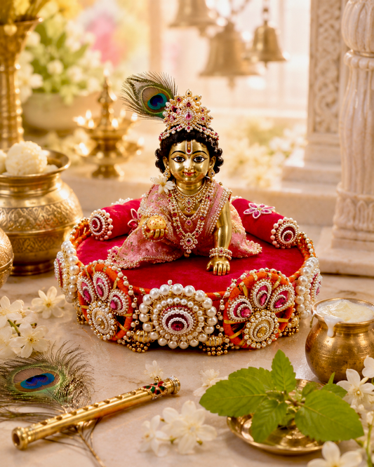 Ladoo Gopal idol seated on handcrafted orange and rani pink Singhaasan — 12 inch MDF deity throne with pearl sunburst medallions, rani pink gems and gold ghungroo tassels by The Wedding Station