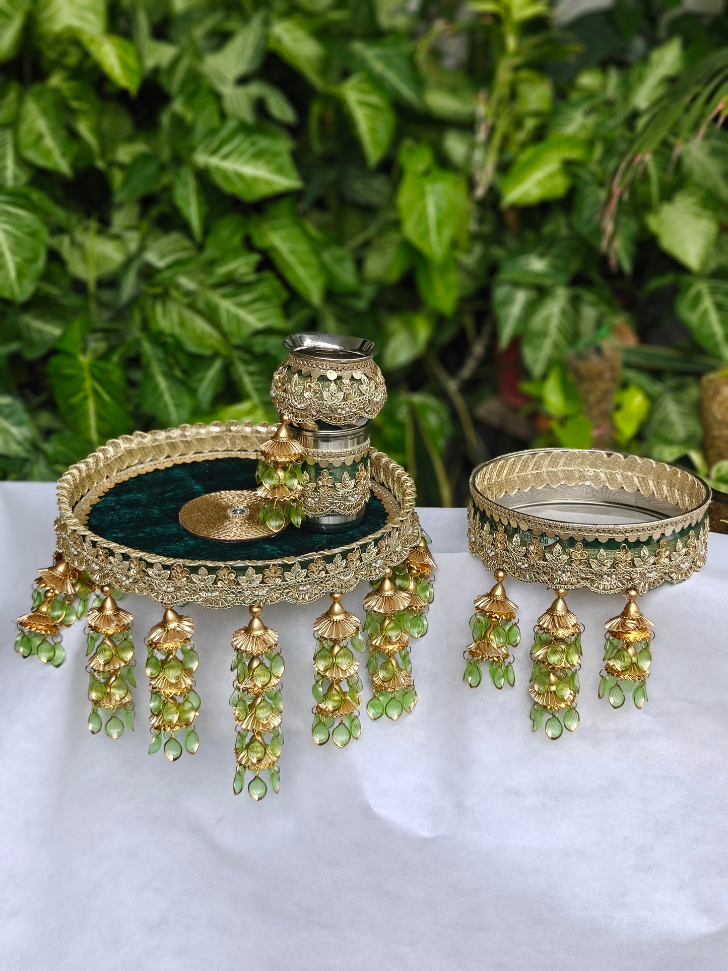 Emerald green and gold Karva Chauth thali set with decorated 12-inch steel thali, steel kalash, glass, candle, channi and green hanging latkans