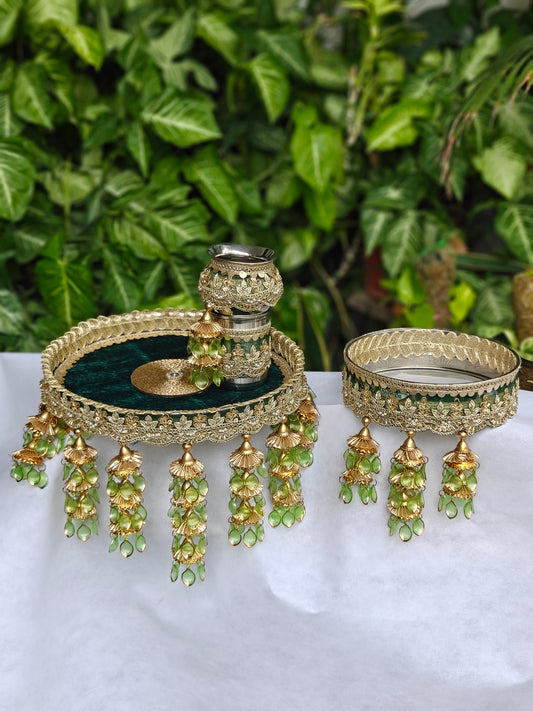Emerald green and gold Karva Chauth thali set with decorated 12-inch steel thali, steel kalash, glass, candle, channi and green hanging latkans